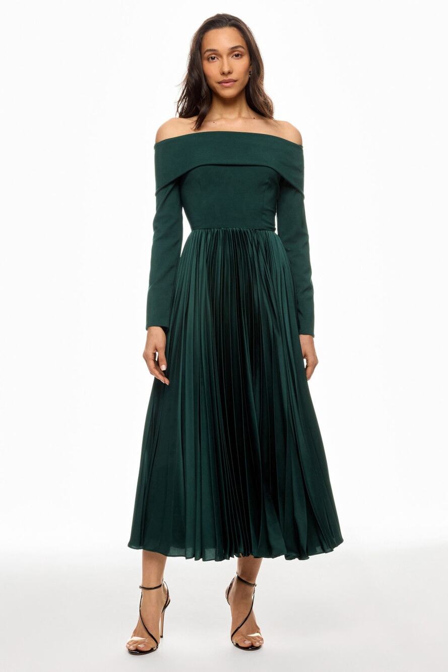 Hutch Blythe Green Off Shoulder Pleated Midi Cocktail Dress Size 10